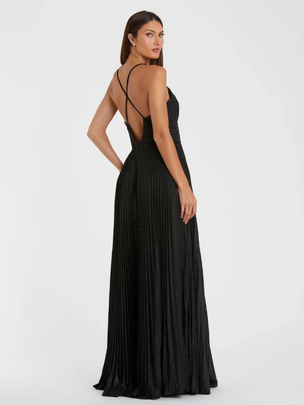 Mac Duggal Black Shimmer Pleated V-Neck Gown Dress - Picture 4 of 8